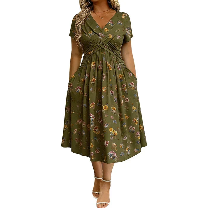 Floral V-neck dress with a twist at the waist- elegant and casual for any occasion
