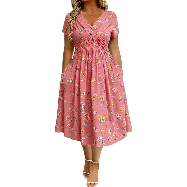 Floral V-neck dress with a twist at the waist- elegant and casual for any occasion